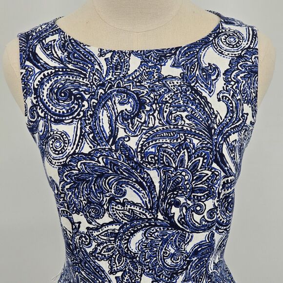 Anne Klein Dresses & Skirts - Anne Klein A line Dress Women's 6 White Blue Paisley Print Linen Blend Pockets